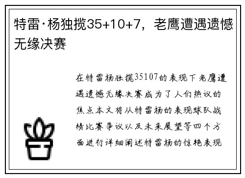 特雷·杨独揽35+10+7，老鹰遭遇遗憾无缘决赛